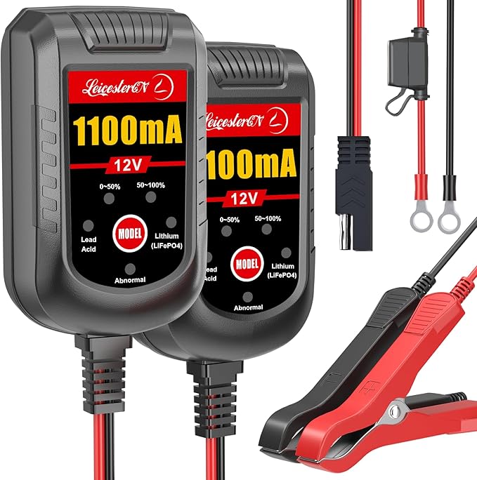 2 Pack Motorcycle Battery Charger 12V, 1.1Amp Trickle Charger and Maintainer - Smart Automatic Float Charger for Cruiser Sport Bike ATV Scooter Dirt Bike Lawn Mower, LiFePO4 Lead Acid AGM Gel