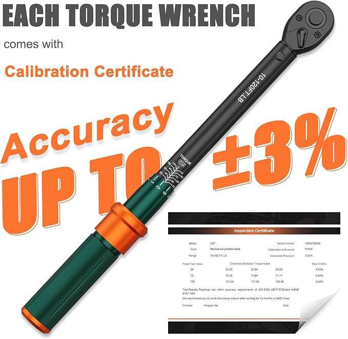 3/8 Click Torque Wrench, 10-120 Ft-lb, 72-Tooth Dual Direction Torque Wrench, ±3% Precision for for Motorcycle, SUV, Engine and Automotive Maintenance
