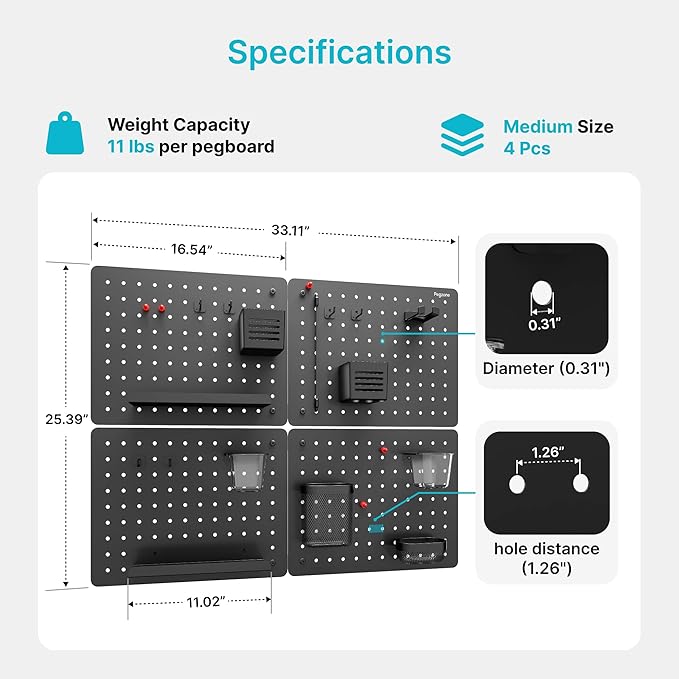 PEGZONE Pegboard Wall Organizer Combination Kit,Overall 33.1"x25.4" Metal Office Pegboard with 21 Accessories, Wall Mounted Peg board Display Panels for Home, Gaming Room, Garage (4Pcs,Black)