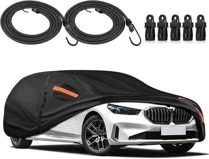 KEYOOG Car Cover Waterproof All Weather Fit for B-M-W 525i 528i 530i 535i 550i/M5 Series 2006-2024, 600D Oxford Cloth Heavy Duty, Sun Hail Protector Seal Skin Outdoor Car Covers with Door Zipper,Black