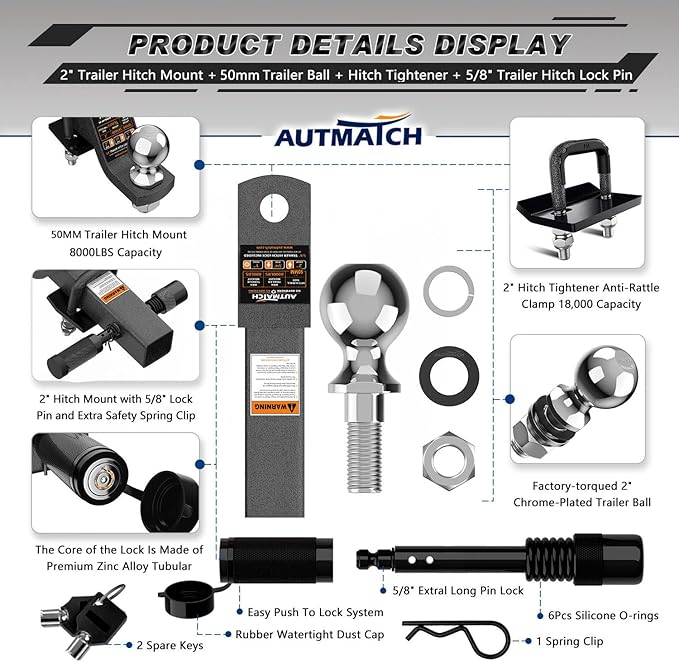 AUTMATCH Trailer Hitch Ball Mount with 2 Inch Hitch Ball - Fits 2" Receiver with Hitch Tightener, 8000Lbs Capacity Ball Hitch, 2-Inch Drop with 5/8" Hitch Lock Pin, Grainstone