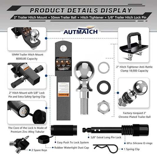 AUTMATCH Trailer Hitch Ball Mount with 2 Inch Hitch Ball - Fits 2" Receiver with Hitch Tightener, 8000Lbs Capacity Ball Hitch, 2-Inch Drop with 5/8" Hitch Lock Pin, Grainstone