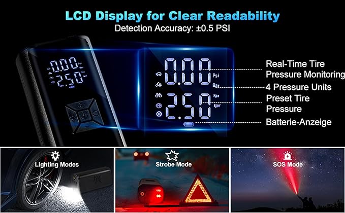 Tire Inflator Portable Air Compressor with LED Light, POLEDY Electric Bicycle Pump, Cordless Inflator Portable with Digital Gauge, Auto Shut Off, Battery Air Compressor for Car Bike Motorcycle Ball
