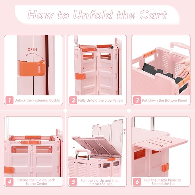 SELORSS Foldable Utility Cart Rolling Crate Handcart Shopping Cart with Rotate Wheels Extended Magnetic Lid Telescoping Handle Adjustable Angle for Transports Groceries Office Teacher File(Pink)