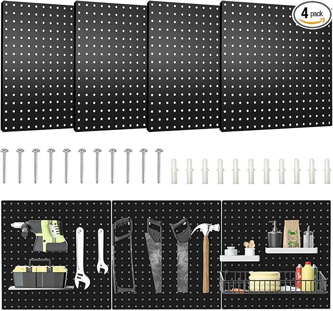 Pegboard, 4 PCS 16”×16” Large Heavy Duty Metal Pegboard Panels with Frame Black Peg Board Display Peg Boards for Walls, Display, Garage Tool Storage, Office Organization, Craft Room, Kitchen