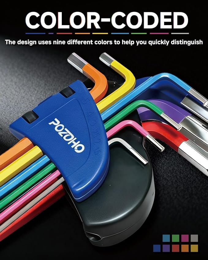10-Piece Extra-Long Arm Metric(1.5-10mm) Hex Key Set | Color-Coded Ball End Allen Wrench with Torque Handle | Cr-V Steel, Anti-Rust for Motorcycle, Bike, Car & DIY, PTM01010A