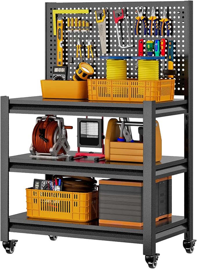 Set of 2 Heavy Duty Workbench with Pegboard, 3000LBS Capacity Adjustable Shelving Work Table, Mobile Workstation with Lockable Wheels for Garage Warehouse Workshop Office