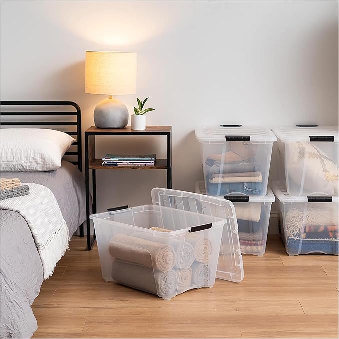 IRIS USA 54 Qt Stackable Plastic Storage Bins with Lids, 12 Pack - BPA-Free, Made in USA - See-Through Organizing Solution, Latches, Durable Nestable Containers, Secure Pull Handle - Clear