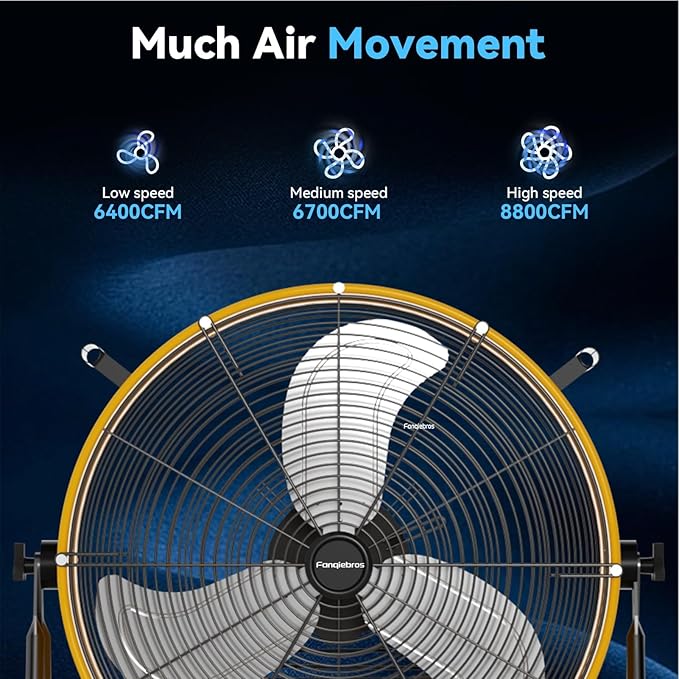 24 inch High Velocity Industrial Drum Fan, 8800 CFM Heavy Duty Metal Air Circulator, 3-Speed Floor Fan with 360° Tilt & Wheels for Warehouse, Workshop, Factory & Gym – UL Listed