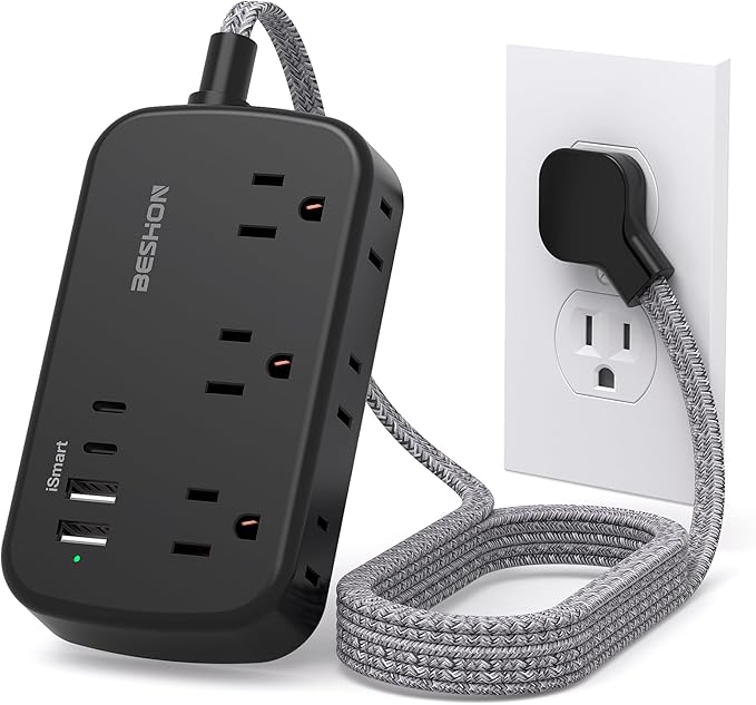 Black Extension Cord, BESHON 5FT Flat Plug Power Strip with USB C, 6 Outlets 4 USB Port(2 USB C), No Surge Protector, Cruise Ship, Dorm Room Travel Essentials