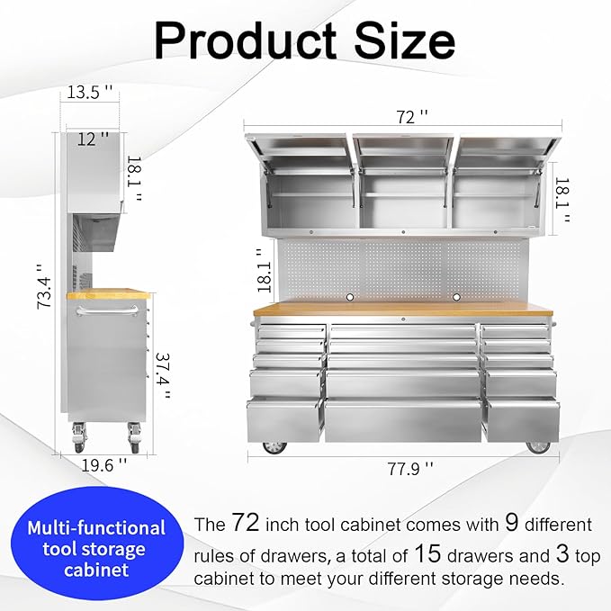 CHETTO C 72" Rolling Tool Box 15 Storage Drawers 3 Upper Cabinet Pegboard Large Tool Chest with Wheels for Warehouse Basement Home Pantry Garage Stainless Steel