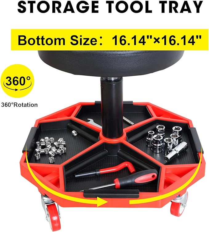 Big RED ATRXF8308R Torin Heavy Duty Pneumatic Garage Rolling Stool/Creeper Seat with Removable Plastic Tray, 300 lb Capacity, Black/Red