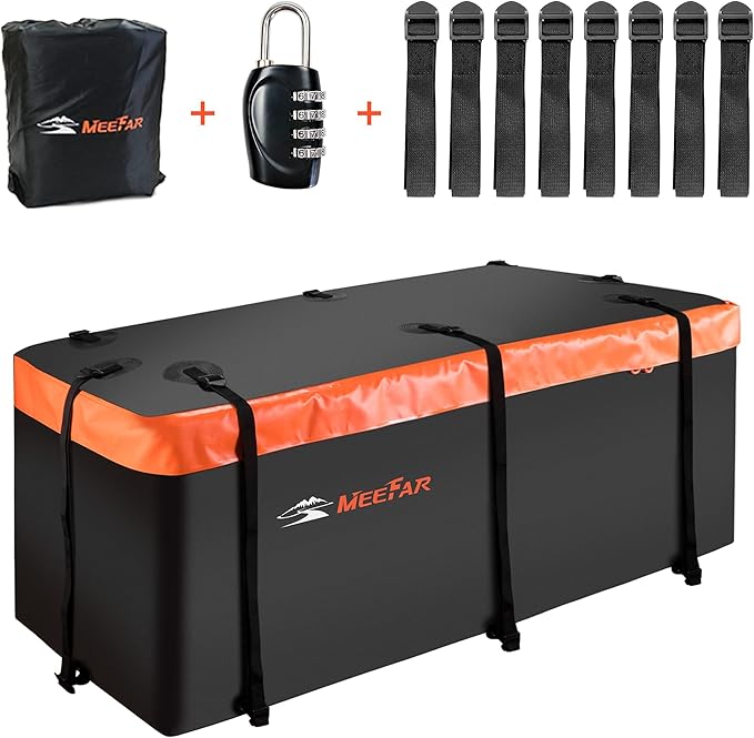 Combo of MeeFar Hitch Mount Cargo Carrier Bag Soft Shell 20 Cubic Feet 100% Waterproof + 15 Cubic Feet Car Roof Bag Cargo Carrier