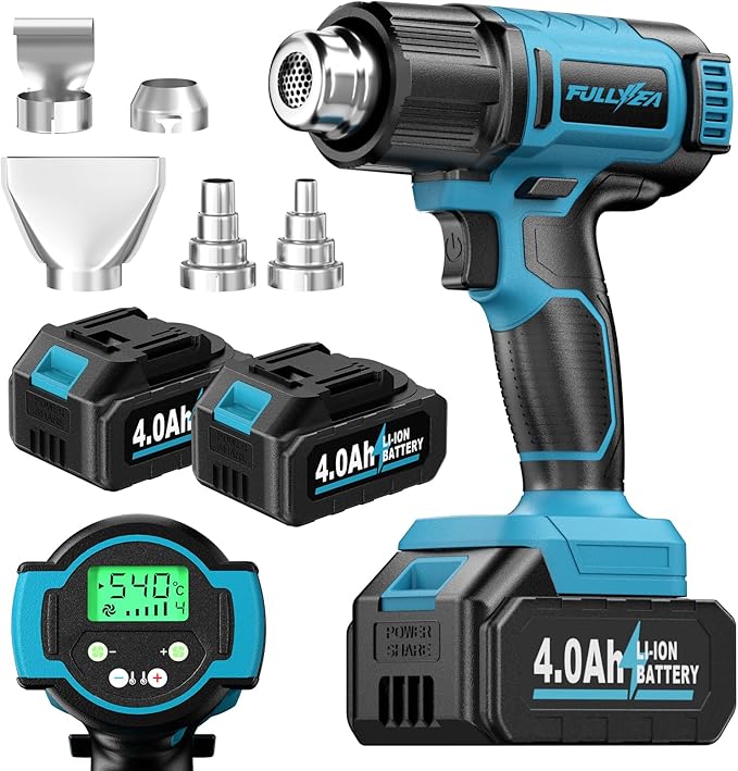 FULLYEA Cordless Heat Gun, 140℉-1004℉ Fast Heating, Hot Air Gun with Digital LCD Display, Portable Heat Guns with 2 * 4.0Ah Batteries & Charger, Handheld Heating Gun Kit for Shrink Tubing, Crafting
