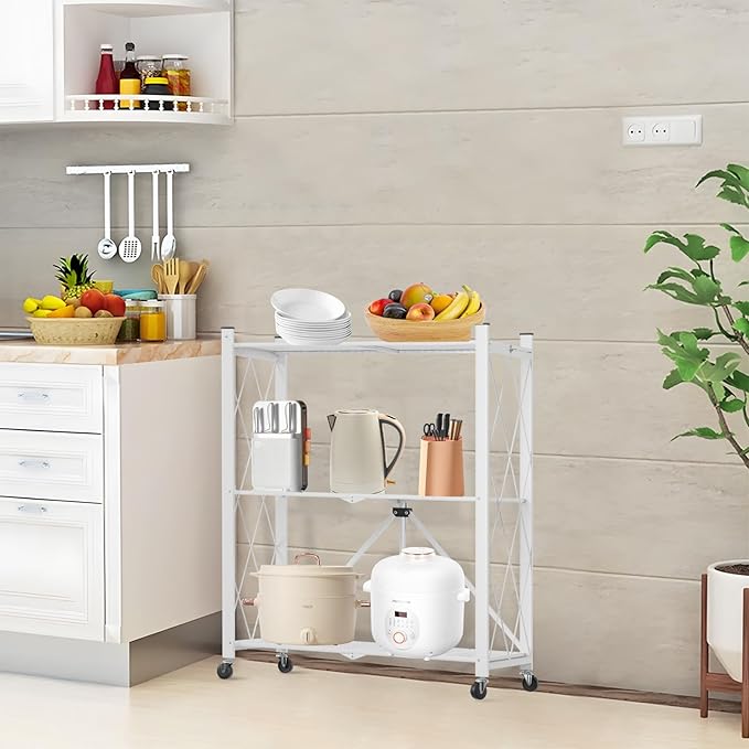 3 Tier Foldable Storage Shelf with Wheels, Heavy Duty Garage Shelving Unit Loads 550 LBS, Metal Steel Collapsible Shelves, Rolling Standing Utility Rack for Kitchen, Pantry, Office, White