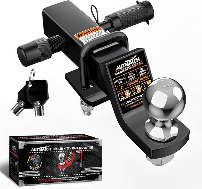 AUTMATCH Trailer Hitch Ball Mount with 2 Inch Hitch Ball - Fits 2" Receiver and 2-Inch Drop Tow Hitch, 8000Lbs Capacity Ball Hitch, Hitch Tightener with 5/8" Anti-Theft Hitch Lock Pin, Black
