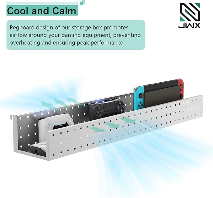 JWX Pegboard Storage Management Box - Easy Install, Secure Storage Solution for Gamers, DIYers, and Office Organization, Compatible Pegboard Standing Shelf Unit, White