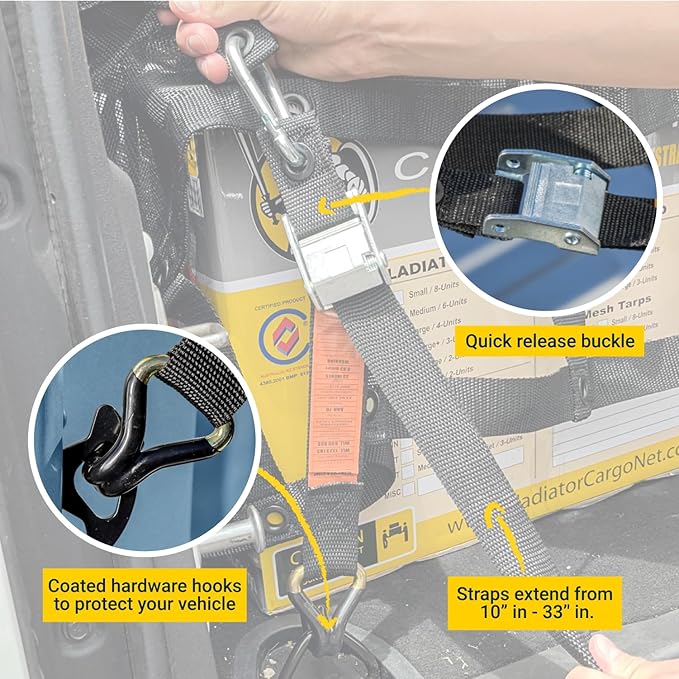 GLADIATOR CARGO NETS - Heavy Duty Cargo Net-(WLL): 1,500 lbs - TruckAccessory - Cargo Carrier - Truck Organizer -Truck Bed Cover-Trailer-Pickup-Boat-Jeep-SUV-5ft Bed (SGN-100) 4.75' x 6' ft.