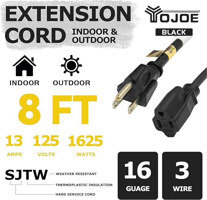 YOJOE Indoor Outdoor Extension Cord, 3 Prong 13A Weatherproof Power Cord, 16 Gauge Heavy Duty 8 ft Black Extension Cord for Garage, Garden and Home, 16/3 SJTW UL Listed
