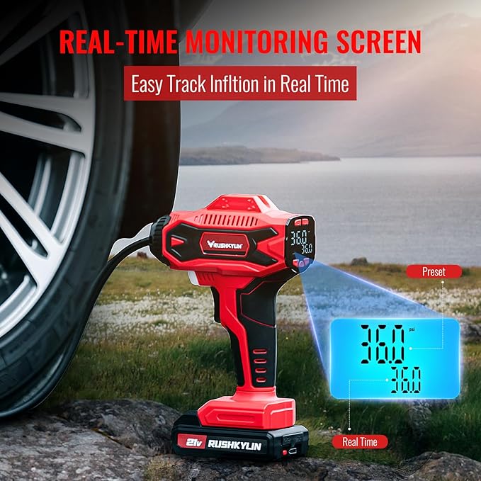Cordless Tire Inflator Portable Air Compressor, 160PSI Air Pump with 21V Rechargeable Battery Powered, Digital Pressure Gauge, Built in LED Lights, Handheld Air Compressor For Cars