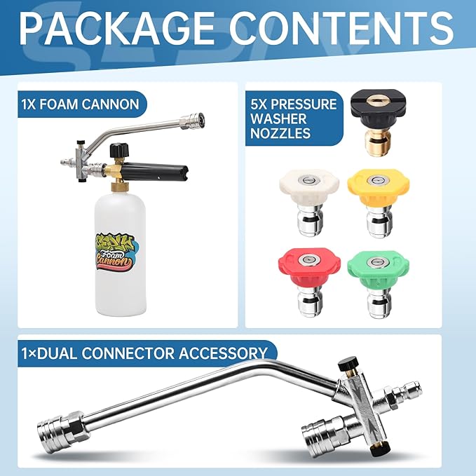 Foam Cannon Dual Connector Accessory, 1/4 Inch Quick Connector, 5 Pressure Washer Nozzle Tips for Pressure Washer, Adjustable Foam Sprayer for Car Wash