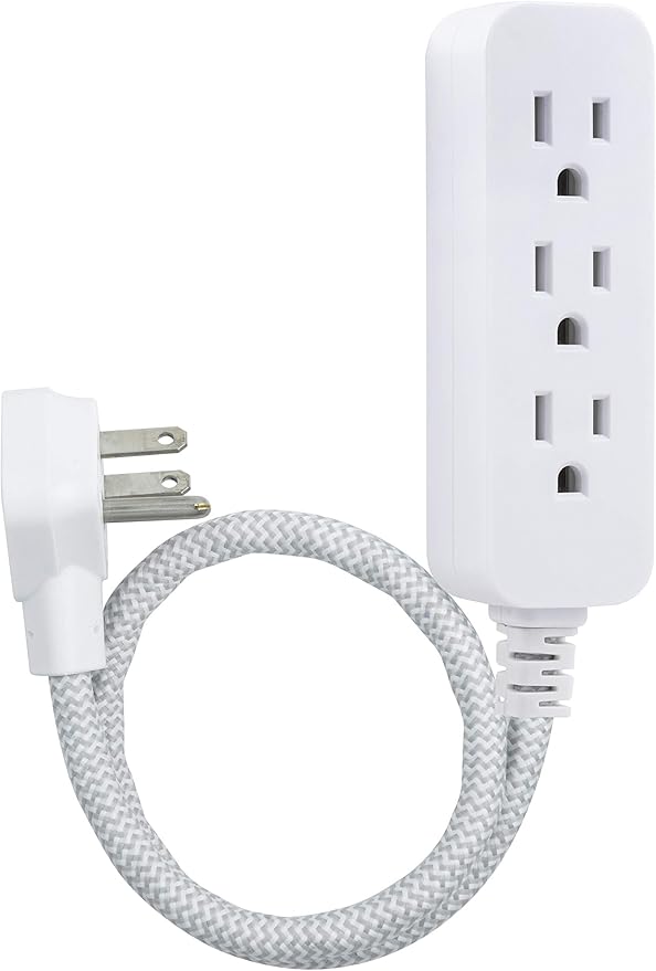 GE Designer 3-Outlet Power Strip, 1 Ft Braided Extension Cord, 3 Grounded Outlets, Flat Plug, Mini Cord, Premium, White, 45190 (Pack of 12)