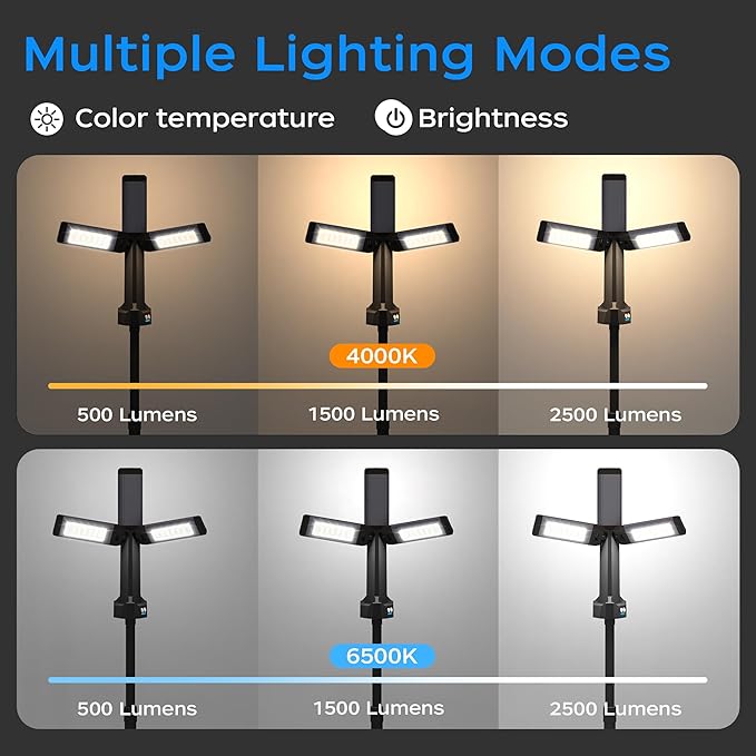 Rechargeable LED Work Light with Stand, 67" Tall Portable Cordless Work Light, 8AH Battery, 500/1500/2500 Lumen, 4000/6500K Dimmable Camping Light with Detachable Tripod Grey (Carrying Bag Included)