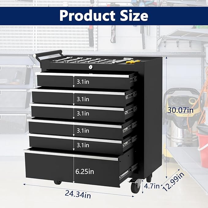 Rolling Tool Box with Wheels, 6 Drawer Tool Storage Cabinet, Portable Toolbox Organizer with Lock, Heavy Duty Tool Chest Cart for Garage, Mechanic, Workshop, Shop, Mobile Tool Organizer, Black