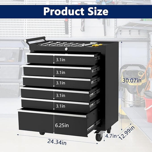 Rolling Tool Box with Wheels, 6 Drawer Tool Storage Cabinet, Portable Toolbox Organizer with Lock, Heavy Duty Tool Chest Cart for Garage, Mechanic, Workshop, Shop, Mobile Tool Organizer, Black