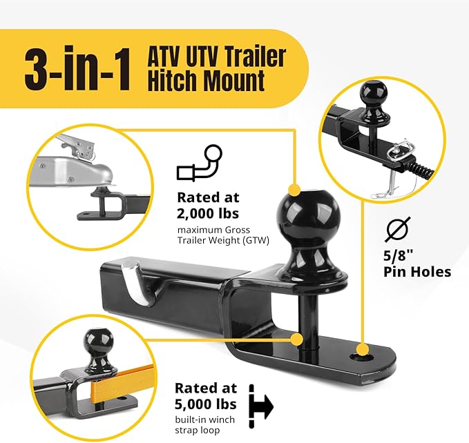 MaxxHaul 50595 3-in-1 ATV UTV Trailer Hitch Mount with Hitch Ball and Winch Strap Loop 1-7/8" Ball, 2" Shank, 1/4" Rise Fits 2" Receiver, 2000 lbs Capacity