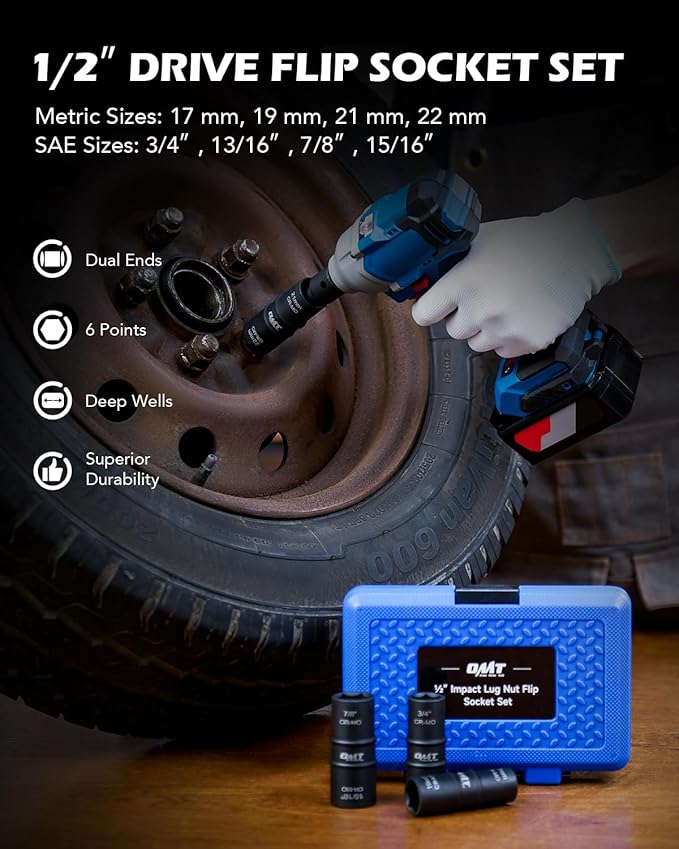 Orion Motor Tech Lug Nut Socket Set, 5pc 1/2" Drive Impact Flip Socket Set with Metric 17 19 21 22 mm & SAE 3/4 13/16 7/8 15/16 in. Sockets, Double Ended Thin Wall Nut Sockets with 3" Extension Bar