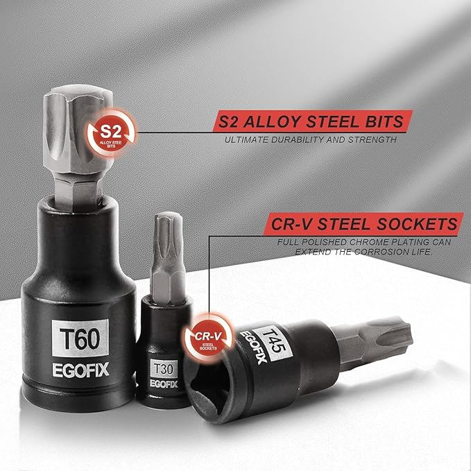 Torx Bit Socket and External Socket Set, S2 and Cr-V Steel, Master Impact Torque Output Complete Kit 64 Pieces
