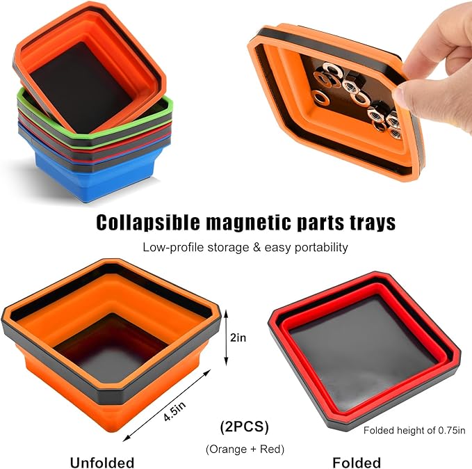2 PCS Collapsible Magnetic Parts Tray, 4.5 Inch Foldable Magnetic Square Silicone Tray, Tool Tray Set with Double-Sided Magnetic Base for Screw Bolts Nuts Pins, Car Accessories (Orange+Red)