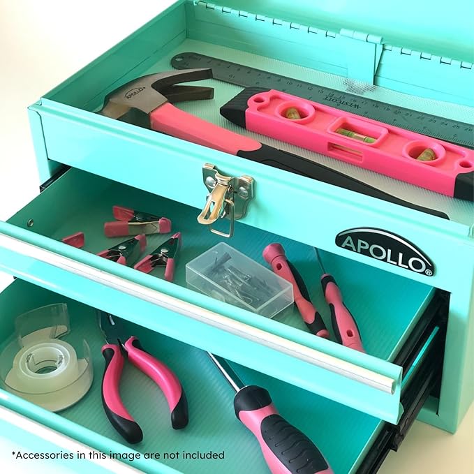 Apollo Tools 14 Inch Steel Tool Box with Deep Top Compartment and 2 Drawers in Heavy-Duty Steel With Ball Bearing Opening and Powder Coated Finish - Aqua Green - DT5010-GR