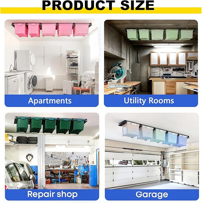 Yuleimy Overhead Garage Storage Rack 6-Pack - Heavy Duty Garage Ceiling Storage Racks for Tote Containers - 17" Adjustable Tote Rack 27 Gallon Storage System, Hanging Bin Ceiling Mount Rails