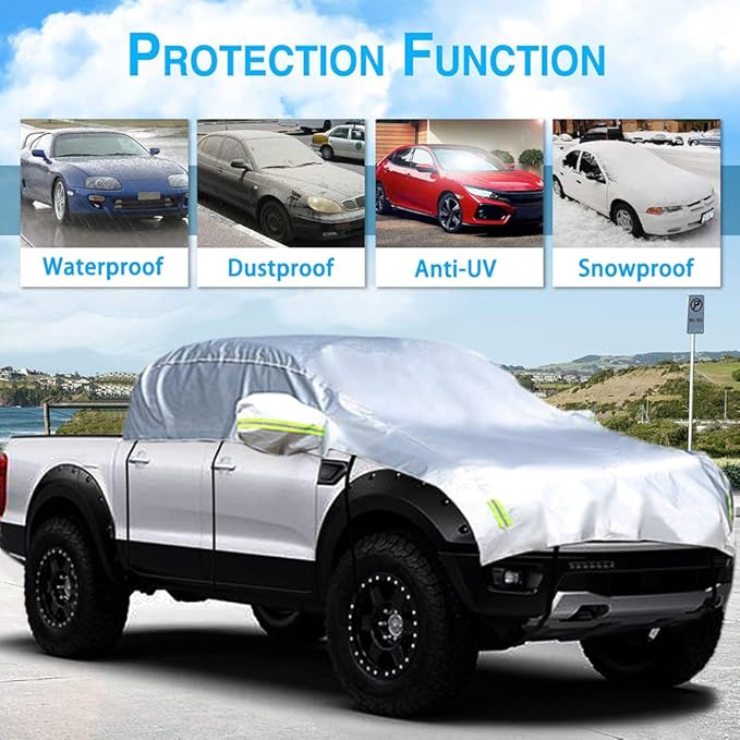 Half Car Cover All Weather Car Body Cover Sunshade Cover Snow Cover Waterproof Snowproof Universal 210D Oxford Fabric (Fit Small/Medium Size Pickup (Crew Cab))