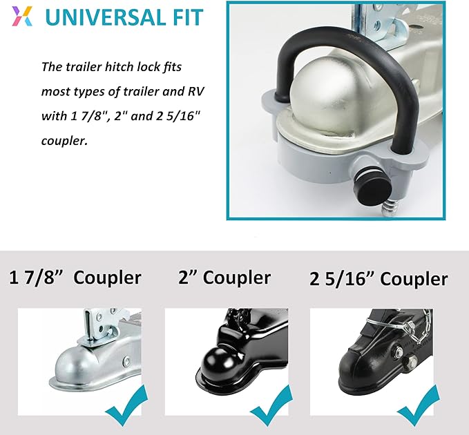 X-Haibei Universal Coupler Lock Trailer Hitch Lock Fits 1 7/8, 2 and 2 5/16 inch Couplers, Adjustable Trailer Lock Ball Hitch, Heavy Duty Aluminum Body, Copper Lock Cylinder, Rustproof, Gray