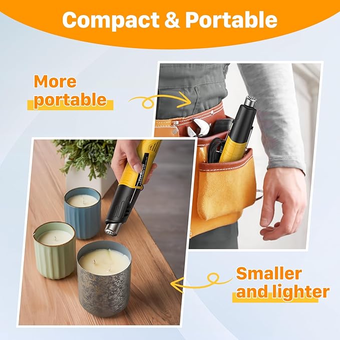 Mini Heat Gun 380W Fast Heat Hot Air Gun 2-Temp Settings 480°F-850°F(249°C-455°C) With Overheat Protection Reflector Nozzle, 4.9Ft Cable for Shrink Wrap, Vinyl, Crafts, Epoxy Resin (Yellow)