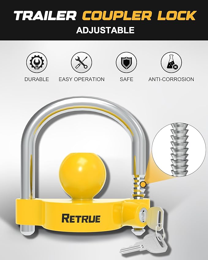 RETRUE Universal Coupler Lock Trailer Locks Ball Hitch Trailer Hitch Lock Adjustable Security Heavy-Duty Steel Fits 1-7/8 Inch, 2 Inch, 2-5/16 Inch Couplers, Bright Yellow, Light Weight