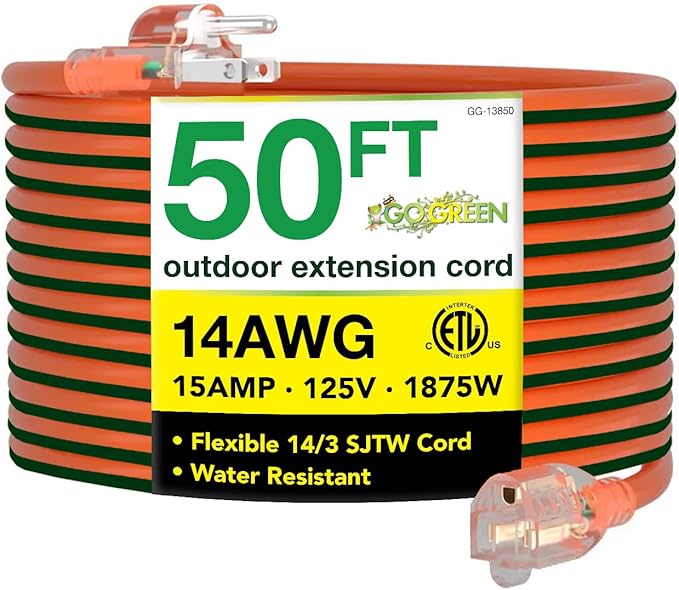 Go Green Power Inc. 14/3 50ft Outdoor Lighted Extension Cord - Heavy Duty, Contractor Grade, Moisture Resistant, Visible Power Indicator for Safety - Ideal for Tools & Equipment - GG-13850