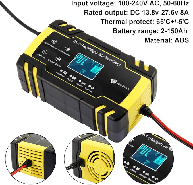 Automatic Smart Battery Charger Car 12V/24V | Pulse Repair Charger with LCD Display | Intelligent Mode Overvoltage Protection Temperature Monitoring for Car, Truck, Motorcycle, Boat, SUV, ATV