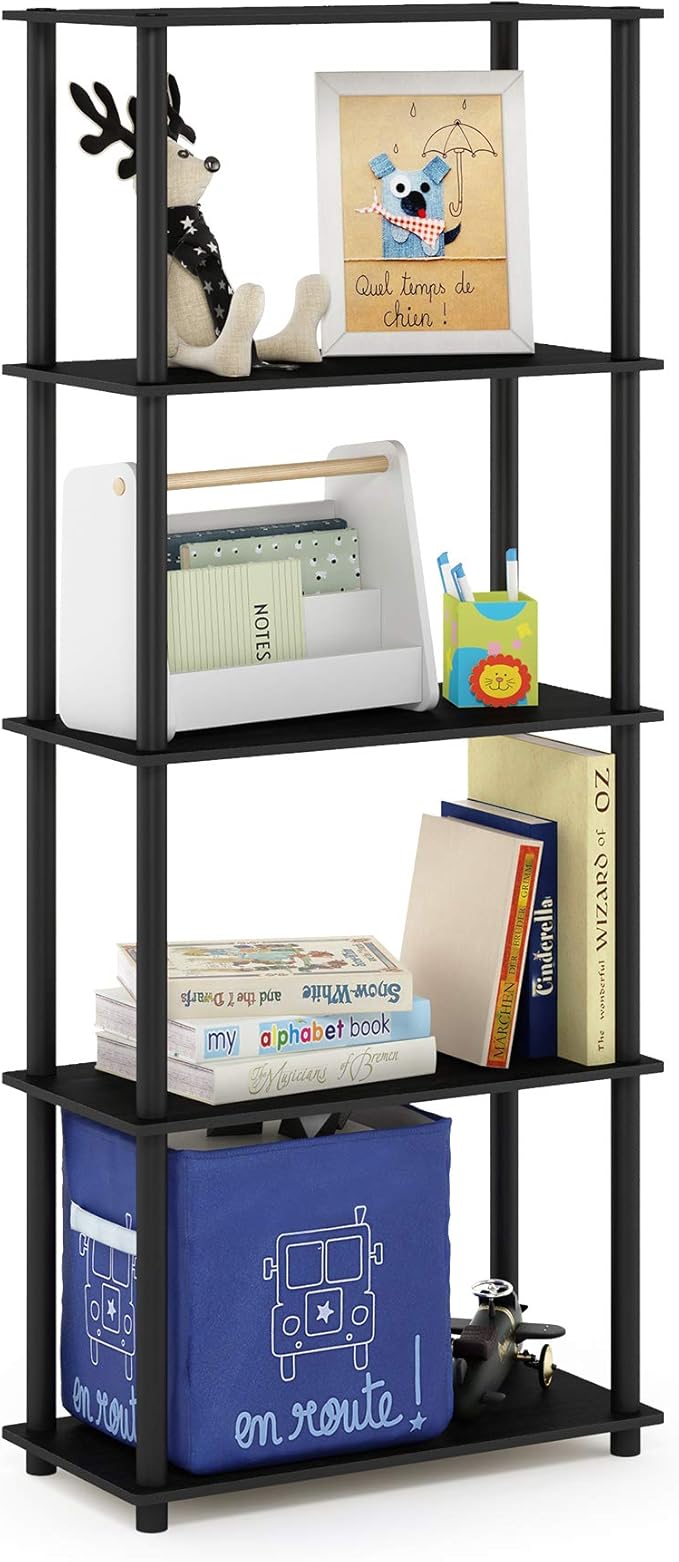 Furinno TURN-N-TUBE Storage Shelves, 5-Tier Book Shelf, Corner Shelf, Toolless Open Shelves, for Organization and Storage, Living Room, Garage, Home Office, Americano