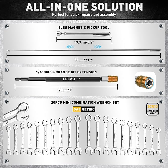 58-Piece Magnetic Impact Nut Driver Set, Metric & SAE Mini Combination Wrench Set, Impact Socket Adapter, 3LBS Magnetic Pickup Tool, Wing Nut Driver, Universal Socket, 1/4'' Quick-change Bit Extension