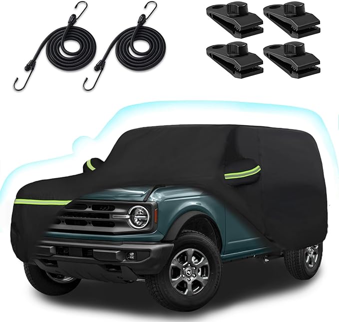 Car Cover for 2021-2025 Bronco 4 Door, 6 Layers Waterproof Sun Rain UV Dust Snow Protection Outdoor Bronco Full Car Cover with Cotton Lining and Zipper Door-Black