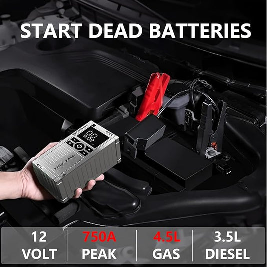 Car Battery Jump Starter with Air Compressor - 2500mAh*4 150PSI Portable Car Jump Starters (Gas4.5L/3.5L Diesel) with Tire Inflator, 12V Car Battery Jump Box with Jumper Cables, LCD Display