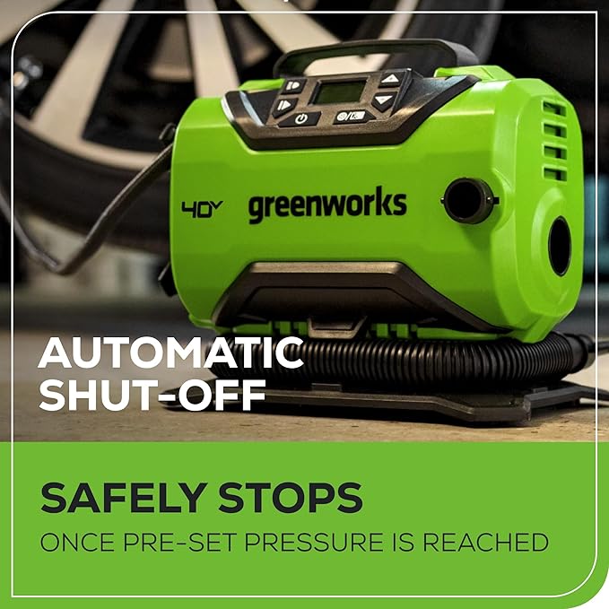 Greenworks 40V Cordless Tire Inflator, 160 PSI Portable Air Compressor, 2 Power Sources, Auto Shut Off, for Car, Bicycle, Motorcycle, Inflatables With 2.0 Ah USB (Power Bank) Battery & Charger