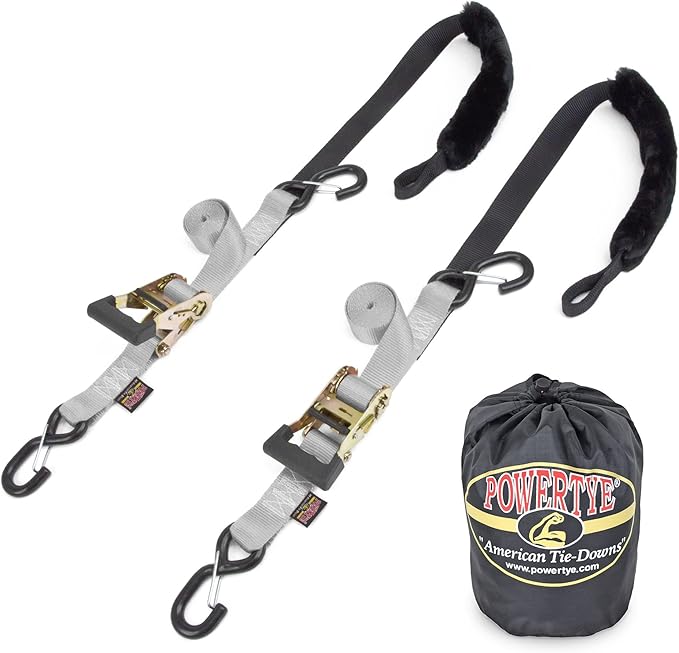 PowerTye 1.5in x 7ft Rubber Handle Ratchet Straps with SHEEPTEX Synthetic Sheepskin Soft-Tye w/Heavy Duty Latch-Hooks - 1,200 lb. WLL / 3,600 lb. Breaking Strength - Made in USA, Silver (Pair)
