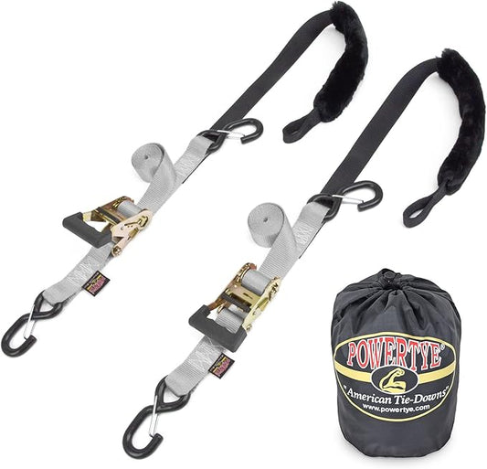 PowerTye 1.5in x 7ft Rubber Handle Ratchet Straps with SHEEPTEX Synthetic Sheepskin Soft-Tye w/Heavy Duty Latch-Hooks - 1,200 lb. WLL / 3,600 lb. Breaking Strength - Made in USA, Silver (Pair)