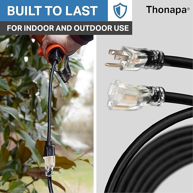THONAPA 12 Gauge Heavy Duty Extension Cord 10 Ft, SJTOW Oil Resistant & Flame Retardant Black Extension Cord with 3 Prong 10 Foot, 12/3 Black Outdoor Electrical Cable Great for Farm, Ranch & Workshop
