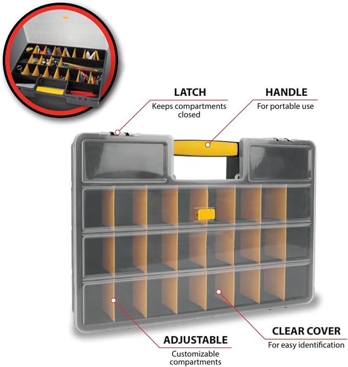 Performance Tool W54037 26 Adjustable Compartment Hardware Organizer Box With Dividers - Durable Plastic Screw Organizer For Nuts, Bolts, Screws, Nails, and Small Hardware